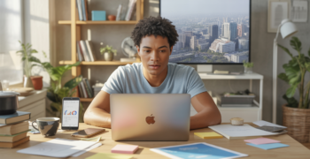 Jeune entrepreneur travaillant dans un bureau lumineux et réaliste, entouré de notes, d’outils numériques et d’une vue authentique sur la ville.