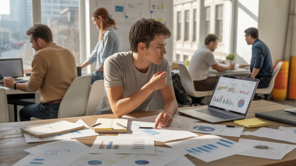 Entrepreneur concentré dans un espace de coworking analysant des données de marché avec documents, graphiques et ambiance réaliste.