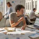 Entrepreneur concentré dans un espace de coworking analysant des données de marché avec documents, graphiques et ambiance réaliste.