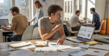 Entrepreneur concentré dans un espace de coworking analysant des données de marché avec documents, graphiques et ambiance réaliste.