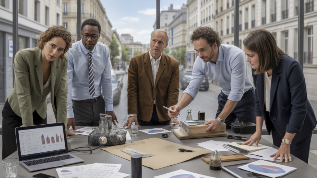 Scène réaliste d’experts en entreprise évaluant des apports en nature dans un bureau moderne avec documents, équipements et ambiance authentique.