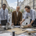 Scène réaliste d’experts en entreprise évaluant des apports en nature dans un bureau moderne avec documents, équipements et ambiance authentique.