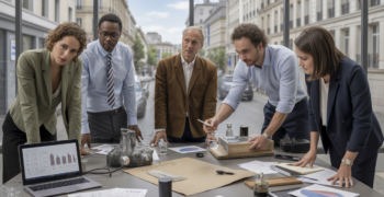 Scène réaliste d’experts en entreprise évaluant des apports en nature dans un bureau moderne avec documents, équipements et ambiance authentique.