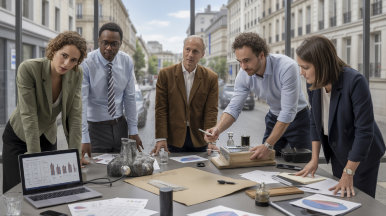 Scène réaliste d’experts en entreprise évaluant des apports en nature dans un bureau moderne avec documents, équipements et ambiance authentique.