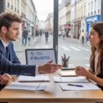 Un jeune entrepreneur français en rendez-vous avec un conseiller France Travail dans un bureau moderne et lumineux, discutant de la création d'entreprise dans une scène réaliste et naturelle.