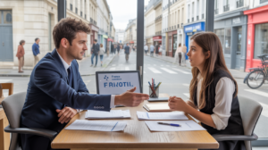 Un jeune entrepreneur français en rendez-vous avec un conseiller France Travail dans un bureau moderne et lumineux, discutant de la création d'entreprise dans une scène réaliste et naturelle.
