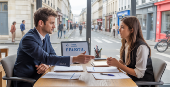 Un jeune entrepreneur français en rendez-vous avec un conseiller France Travail dans un bureau moderne et lumineux, discutant de la création d'entreprise dans une scène réaliste et naturelle.