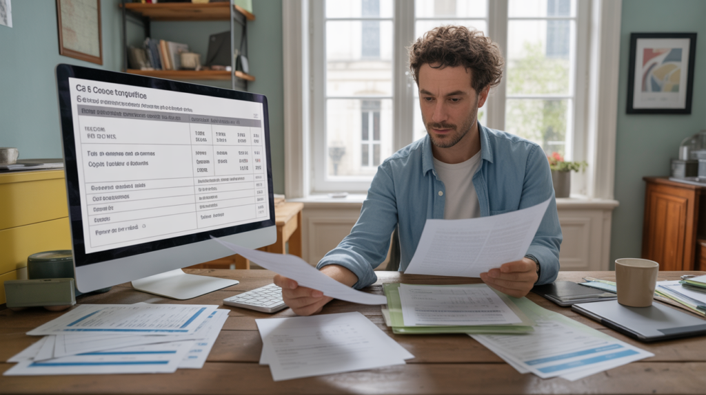 Freelance travaillant dans un bureau lumineux à domicile, examinant des documents financiers et un ordinateur portable dans une scène naturelle et réaliste.