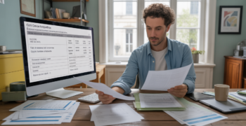 Freelance travaillant dans un bureau lumineux à domicile, examinant des documents financiers et un ordinateur portable dans une scène naturelle et réaliste.