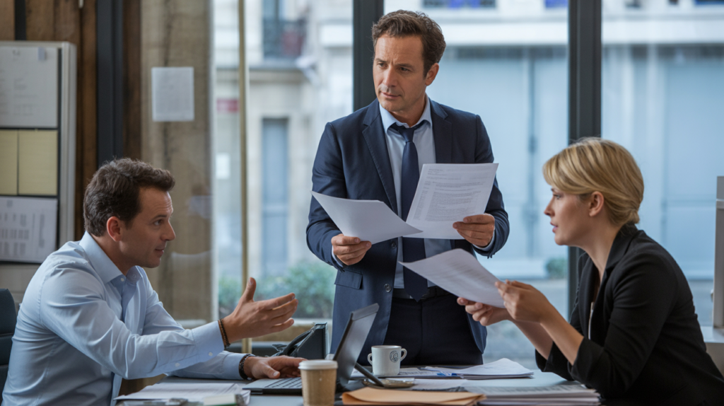 Gérant de SARL dans un bureau moderne discutant avec des collègues autour de documents juridiques et financiers dans une scène réaliste.
