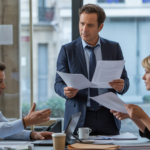 Gérant de SARL dans un bureau moderne discutant avec des collègues autour de documents juridiques et financiers dans une scène réaliste.