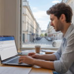 Entrepreneur concentré utilisant un portail administratif en ligne dans un espace de coworking lumineux avec vue réelle sur une rue parisienne.