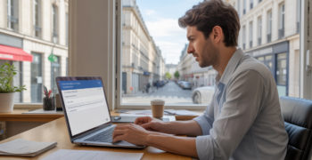 Entrepreneur concentré utilisant un portail administratif en ligne dans un espace de coworking lumineux avec vue réelle sur une rue parisienne.