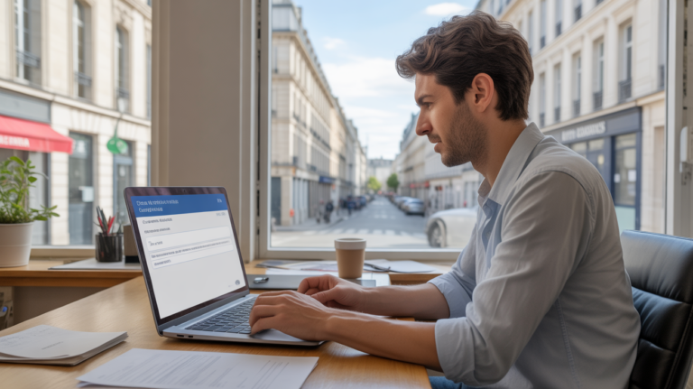 Entrepreneur concentré utilisant un portail administratif en ligne dans un espace de coworking lumineux avec vue réelle sur une rue parisienne.