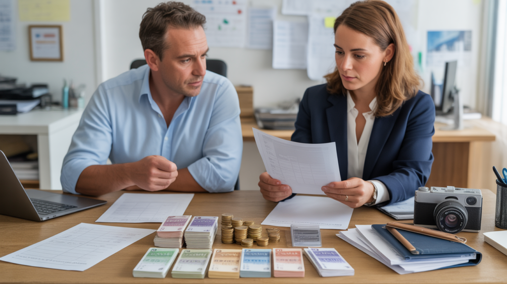 Scène de bureau réaliste montrant un chef d’entreprise et un comptable évaluant des apports en numéraire et en nature pour une SARL.