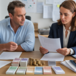 Scène de bureau réaliste montrant un chef d’entreprise et un comptable évaluant des apports en numéraire et en nature pour une SARL.