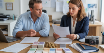 Scène de bureau réaliste montrant un chef d’entreprise et un comptable évaluant des apports en numéraire et en nature pour une SARL.