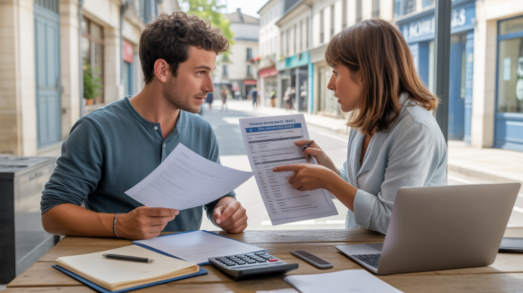 Micro-entrepreneur français discutant de la CFE avec un conseiller fiscal dans un bureau municipal lumineux.