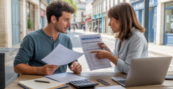 Micro-entrepreneur français discutant de la CFE avec un conseiller fiscal dans un bureau municipal lumineux.