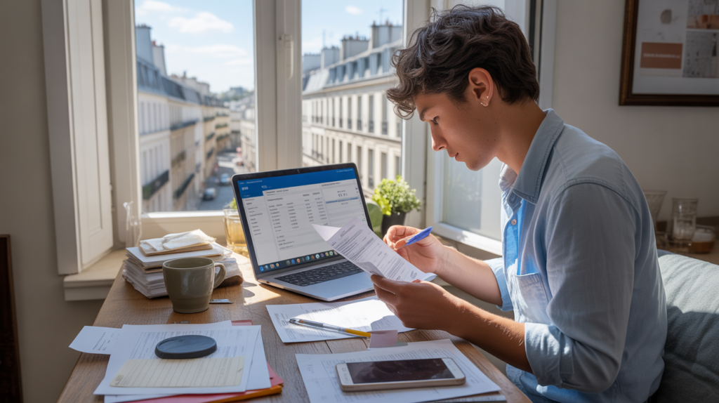 Jeune micro-entrepreneur français travaillant à son bureau avec documents et ordinateur dans un environnement réaliste et lumineux.