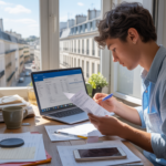 Jeune micro-entrepreneur français travaillant à son bureau avec documents et ordinateur dans un environnement réaliste et lumineux.