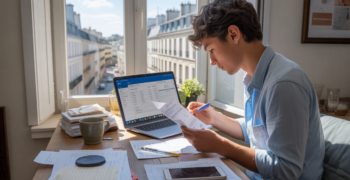 Jeune micro-entrepreneur français travaillant à son bureau avec documents et ordinateur dans un environnement réaliste et lumineux.