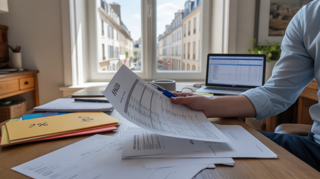 Entrepreneur travaillant dans un bureau lumineux à domicile, examinant des factures et documents fiscaux avec un décor réaliste et naturel.