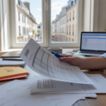 Entrepreneur travaillant dans un bureau lumineux à domicile, examinant des factures et documents fiscaux avec un décor réaliste et naturel.