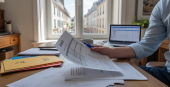 Entrepreneur travaillant dans un bureau lumineux à domicile, examinant des factures et documents fiscaux avec un décor réaliste et naturel.