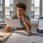 Scène réaliste d’un micro‑entrepreneur travaillant dans un appartement lumineux, entouré de documents fiscaux et de son ordinateur, illustrant la gestion des impôts d’une micro‑entreprise.