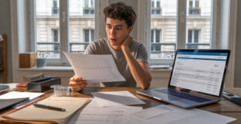 Scène réaliste d’un micro‑entrepreneur travaillant dans un appartement lumineux, entouré de documents fiscaux et de son ordinateur, illustrant la gestion des impôts d’une micro‑entreprise.