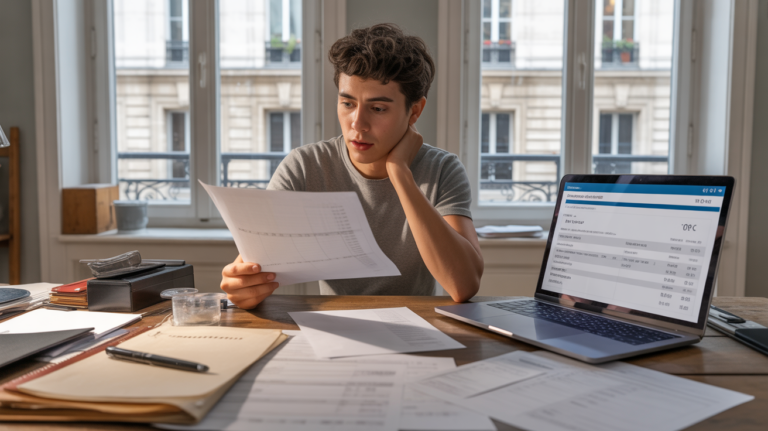 Scène réaliste d’un micro‑entrepreneur travaillant dans un appartement lumineux, entouré de documents fiscaux et de son ordinateur, illustrant la gestion des impôts d’une micro‑entreprise.