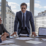 Scène réaliste dans un bureau français moderne montrant un président de SAS entouré de documents et d’équipe, avec en arrière‑plan un quartier d’affaires réel.