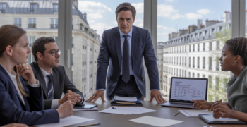 Scène réaliste dans un bureau français moderne montrant un président de SAS entouré de documents et d’équipe, avec en arrière‑plan un quartier d’affaires réel.