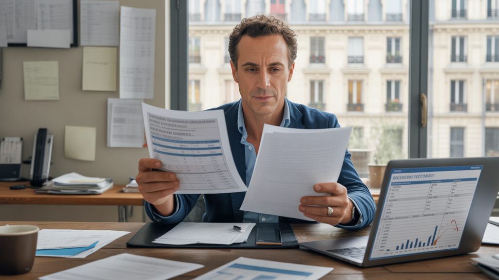 Scène réaliste d’un président de SASU travaillant dans un bureau moderne et authentique, examinant des documents financiers et sociaux avec un ordinateur affichant des graphiques, le tout éclairé naturellement.