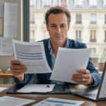Scène réaliste d’un président de SASU travaillant dans un bureau moderne et authentique, examinant des documents financiers et sociaux avec un ordinateur affichant des graphiques, le tout éclairé naturellement.