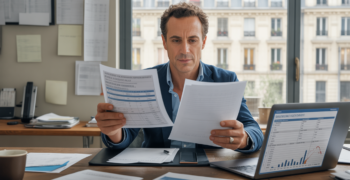 Scène réaliste d’un président de SASU travaillant dans un bureau moderne et authentique, examinant des documents financiers et sociaux avec un ordinateur affichant des graphiques, le tout éclairé naturellement.