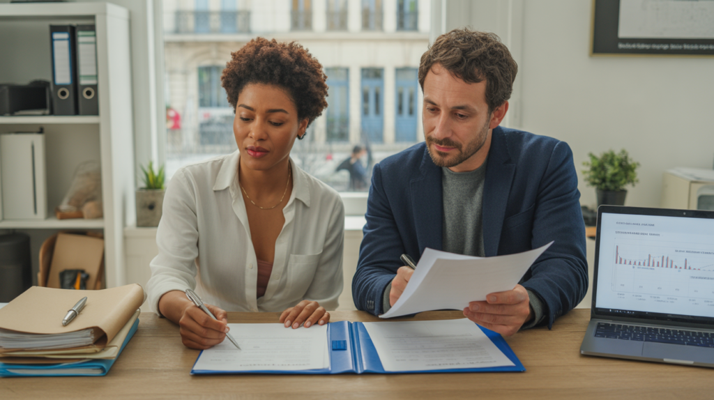 Deux entrepreneurs dans un bureau réaliste signant des documents officiels pour la création d’une SARL, avec un environnement naturel et authentique.