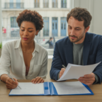 Deux entrepreneurs dans un bureau réaliste signant des documents officiels pour la création d’une SARL, avec un environnement naturel et authentique.