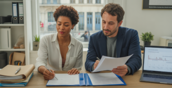 Deux entrepreneurs dans un bureau réaliste signant des documents officiels pour la création d’une SARL, avec un environnement naturel et authentique.