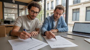 Deux entrepreneurs signent des documents officiels dans un bureau moderne et lumineux, symbole de la création d’une SAS.