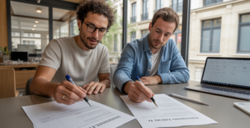 Deux entrepreneurs signent des documents officiels dans un bureau moderne et lumineux, symbole de la création d’une SAS.