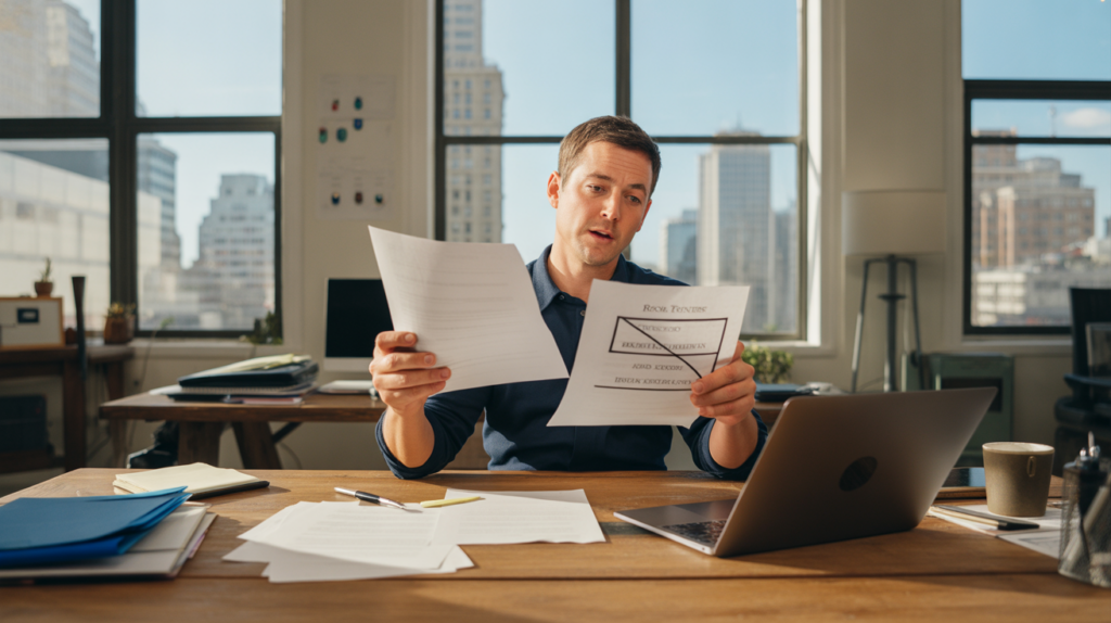 Entrepreneur examinant des documents juridiques dans un bureau lumineux, réfléchissant au choix du statut pour son entreprise.