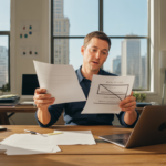 Entrepreneur examinant des documents juridiques dans un bureau lumineux, réfléchissant au choix du statut pour son entreprise.