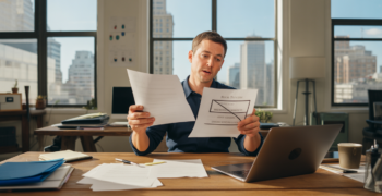Entrepreneur examinant des documents juridiques dans un bureau lumineux, réfléchissant au choix du statut pour son entreprise.