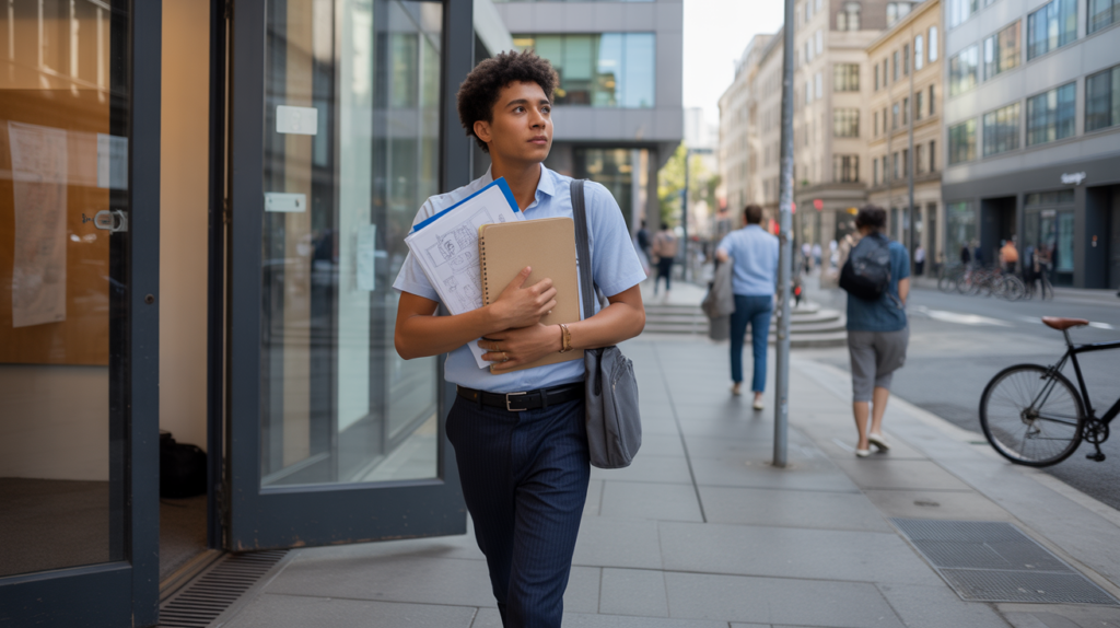 Jeune professionnel sortant d’un immeuble de bureaux réel, symbolisant la transition vers la création d’entreprise dans une scène urbaine authentique.