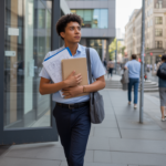 Jeune professionnel sortant d’un immeuble de bureaux réel, symbolisant la transition vers la création d’entreprise dans une scène urbaine authentique.