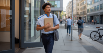Jeune professionnel sortant d’un immeuble de bureaux réel, symbolisant la transition vers la création d’entreprise dans une scène urbaine authentique.