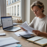 Scène réaliste d’un micro‑entrepreneur examinant son chiffre d’affaires dans un bureau maison lumineux, avec ordinateur, reçus et vue sur rue urbaine française.