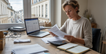 Scène réaliste d’un micro‑entrepreneur examinant son chiffre d’affaires dans un bureau maison lumineux, avec ordinateur, reçus et vue sur rue urbaine française.